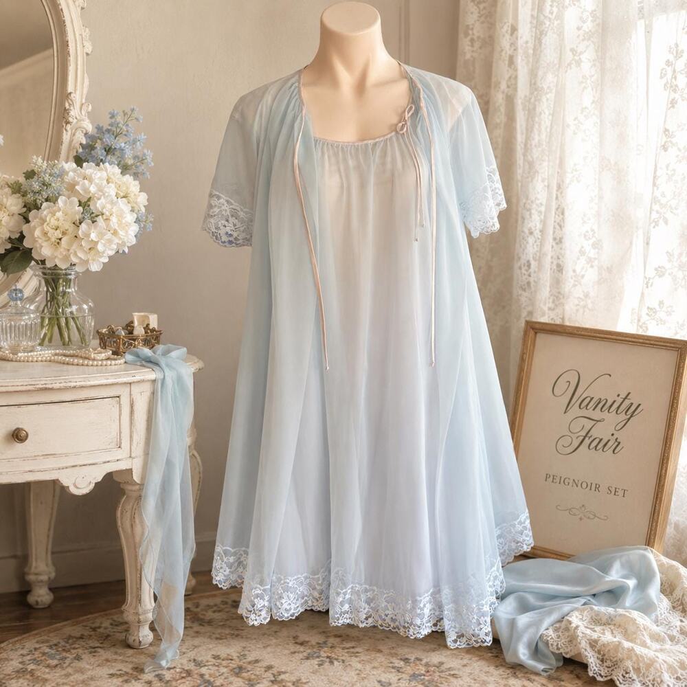 Vanity Fair Vintage Peignoir Set Pale Blue Nylon Double Chiffon Lace Trim Sz S